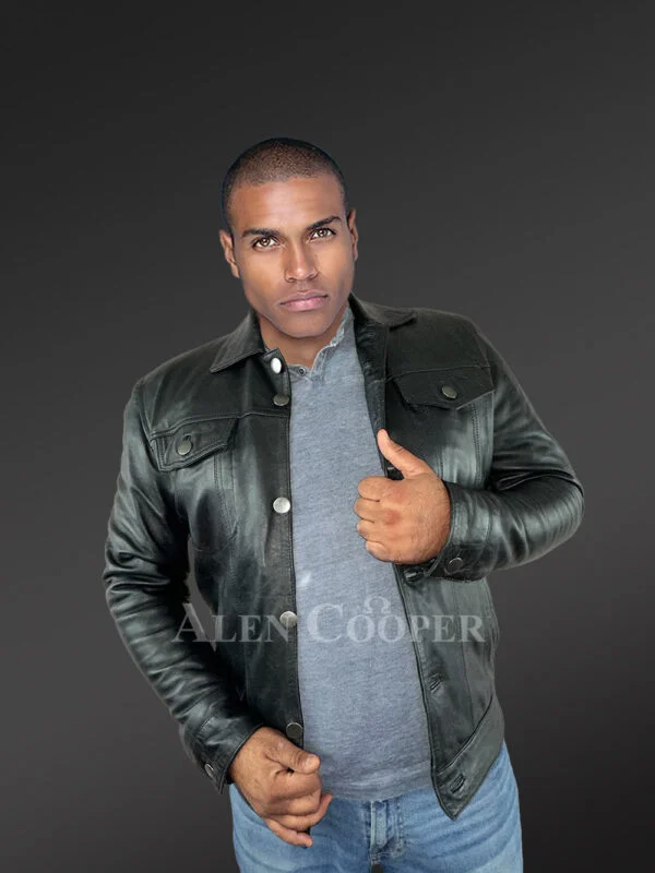 Men’s Button Down Italian Finish Leather Jacket in Black - Image 2