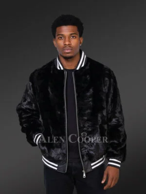 Mens Mink Fur Black Varsity Jacket– Youthful Charm with Comfort of Fur