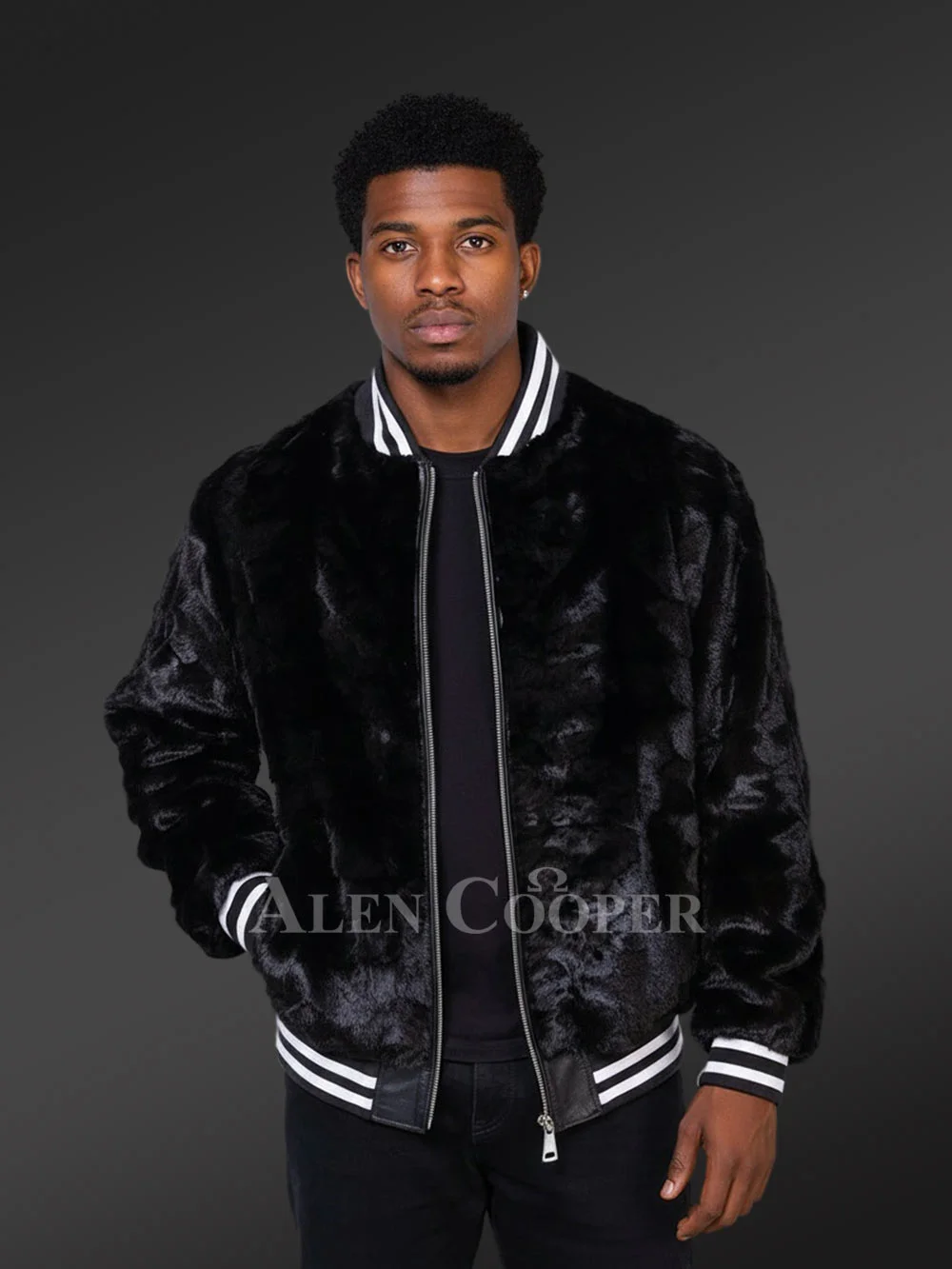 Mens Mink Fur Black Varsity Jacket