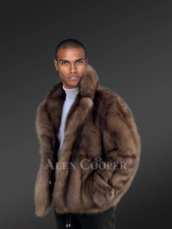 Men’s Trendy Short Sable Bomber Jacket in Natural Look - Image 7