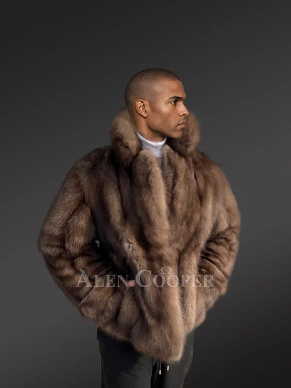 Men’s Trendy Short Sable Bomber Jacket in Natural Look - Image 3