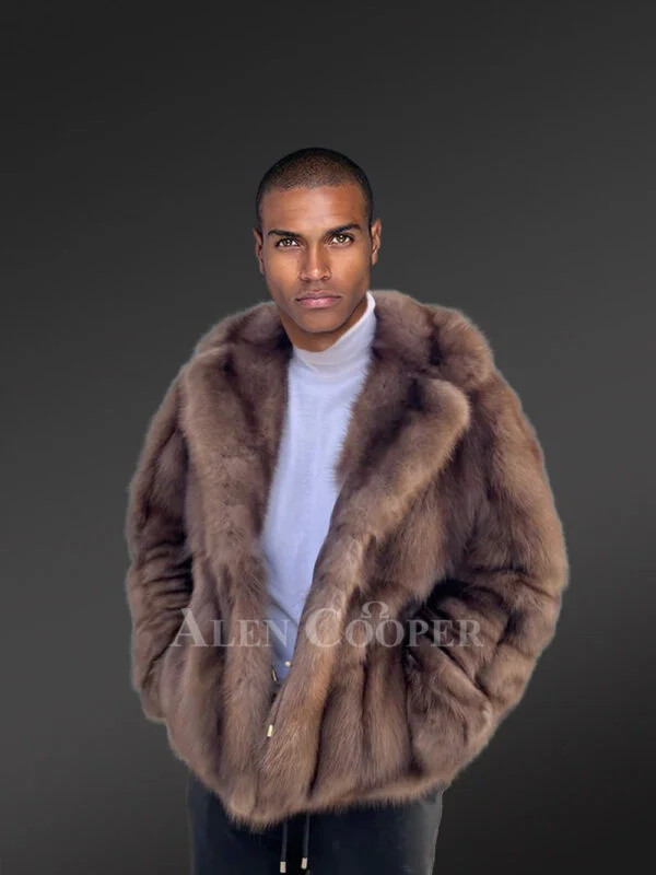 Men’s Trendy Short Sable Bomber Jacket in Natural Look - Image 2