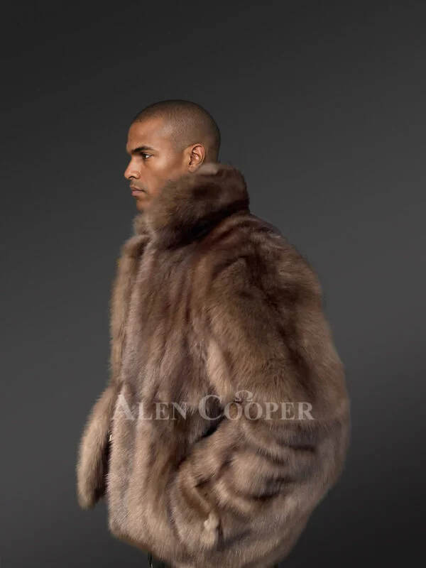 Men’s Trendy Short Sable Bomber Jacket in Natural Look - Image 9