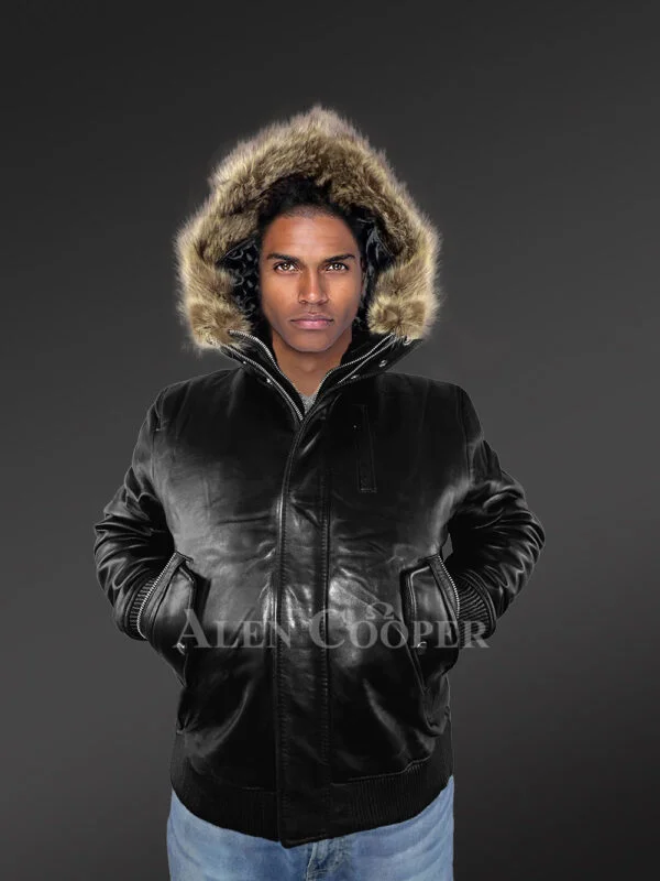Mens Turtle Neck Leather Bomber Jacket with Added Fur Hood - Image 4