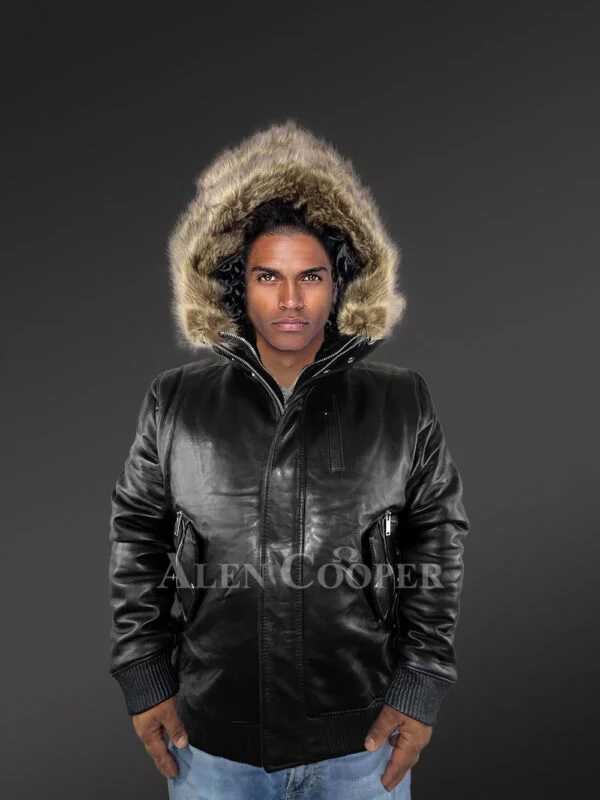Mens Turtle Neck Leather Bomber Jacket with Added Fur Hood - Image 5