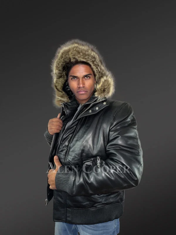 Mens Turtle Neck Leather Bomber Jacket with Added Fur Hood - Image 6