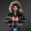 Mens Turtle Neck Leather Bomber Jacket with Added Fur Hood