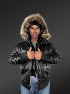 Mens Turtle Neck Leather Bomber Jacket with Added Fur Hood