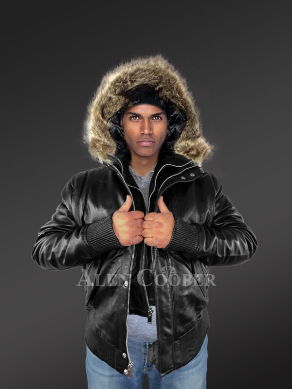 mens black bomber jacket with hood