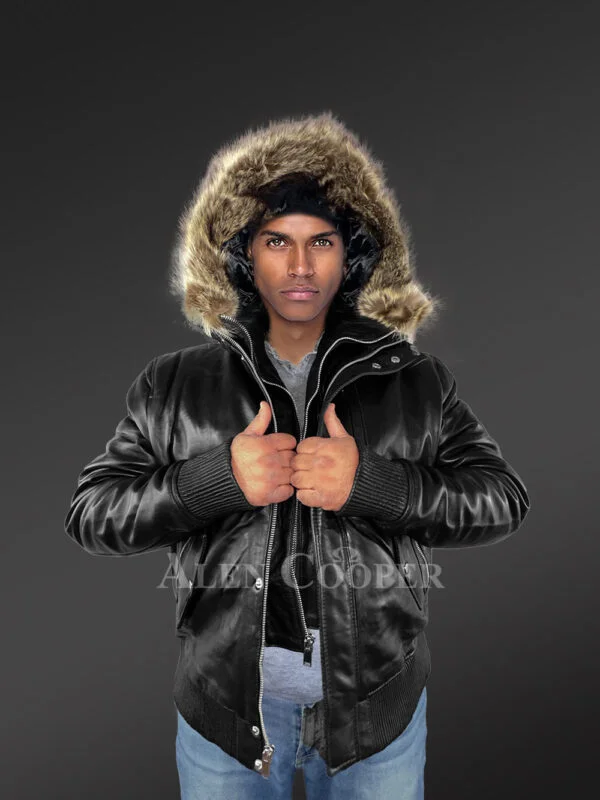 Mens Turtle Neck Leather Bomber Jacket with Added Fur Hood