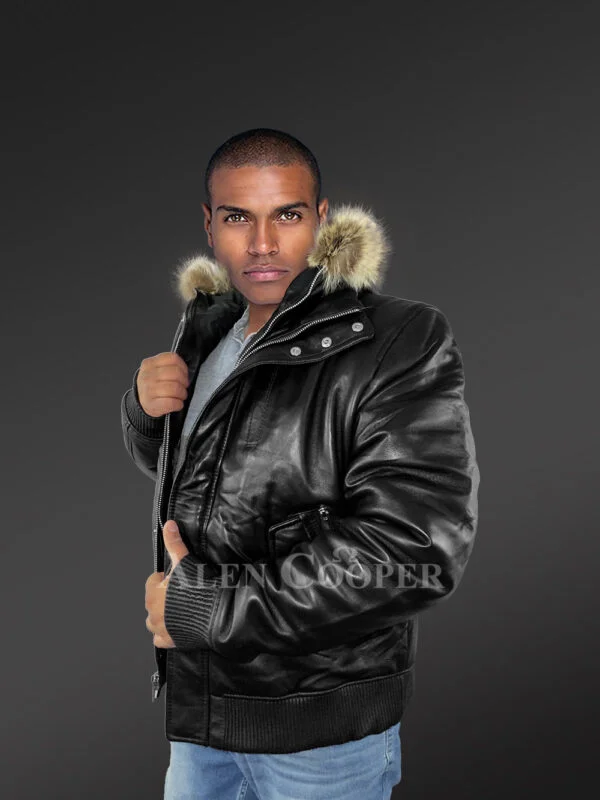 Mens Turtle Neck Leather Bomber Jacket with Added Fur Hood - Image 7