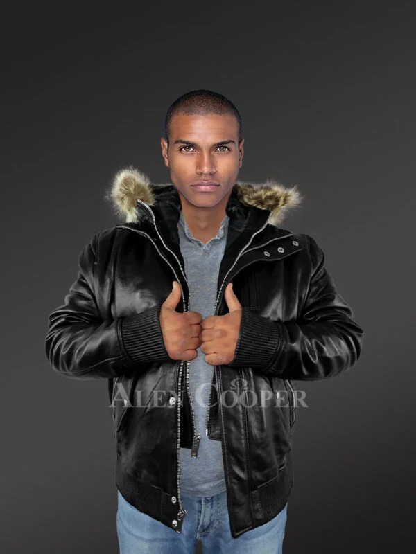 Mens Turtle Neck Leather Bomber Jacket with Added Fur Hood - Image 2