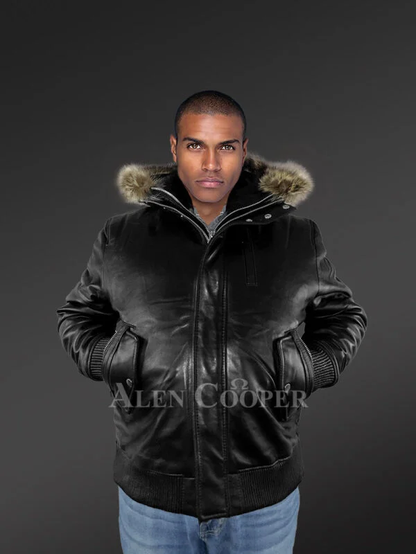 Mens Turtle Neck Leather Bomber Jacket with Added Fur Hood - Image 3