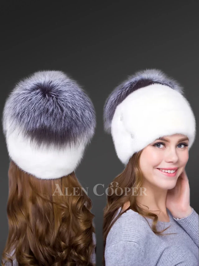 womens fox fur beanie hat with pompom