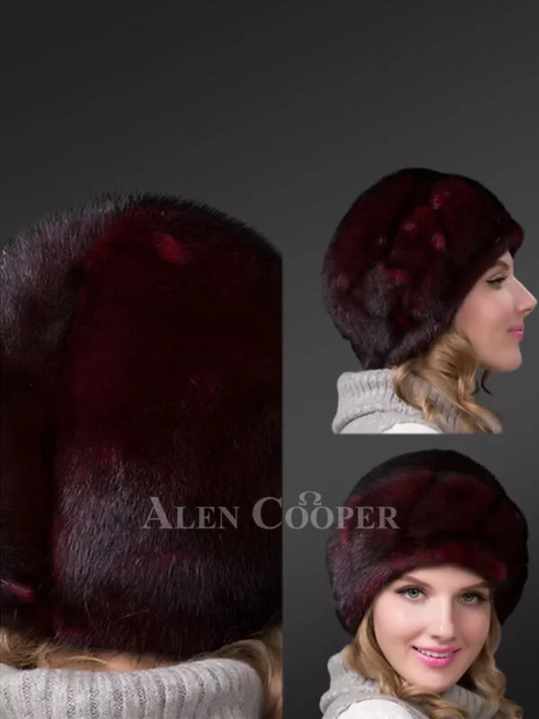Beanie Style Burgundy Mink Hat - Image 3