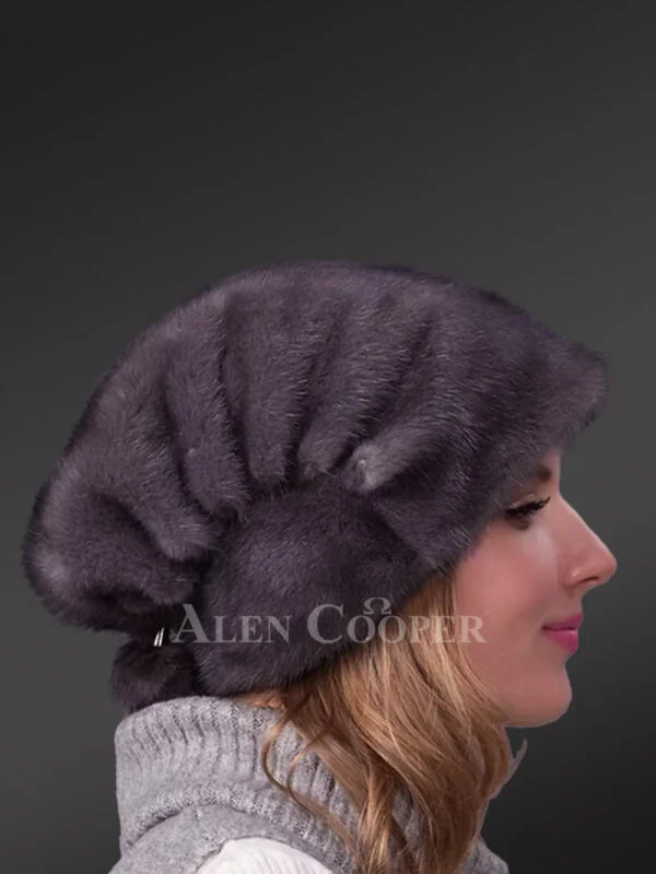 Blue Iris Mink Beret Hat - Image 2