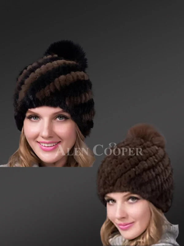 Diagonal Style Mink Hat with Fox Fur Pom Pom - Image 2