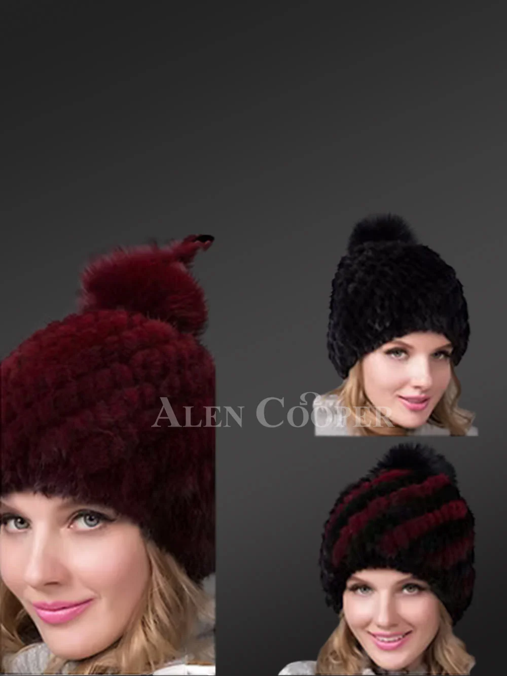 Diagonal Style Mink Hat with Fox Fur Pom Pom