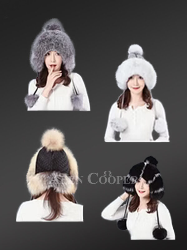 Fox Fur Beanie Hat with Pom Poms - Image 2