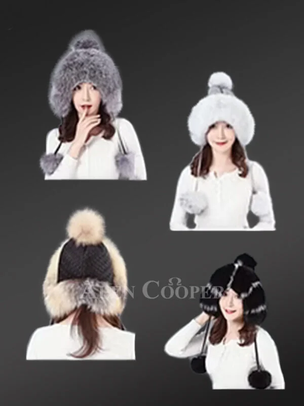 Fox Fur Beanie Hat with Pom Poms - Image 2