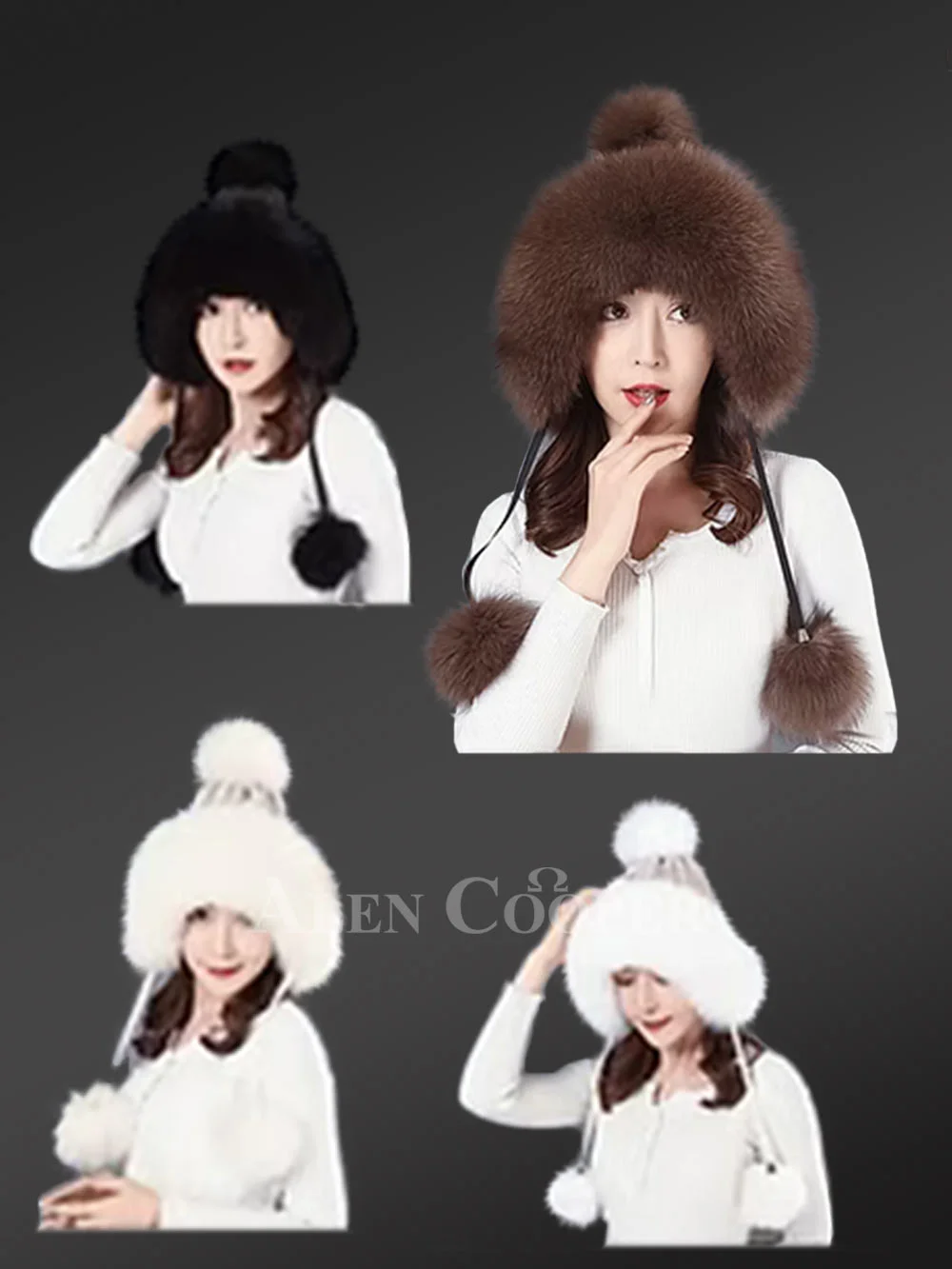 Fox Fur Beanie Hat with Pom Poms