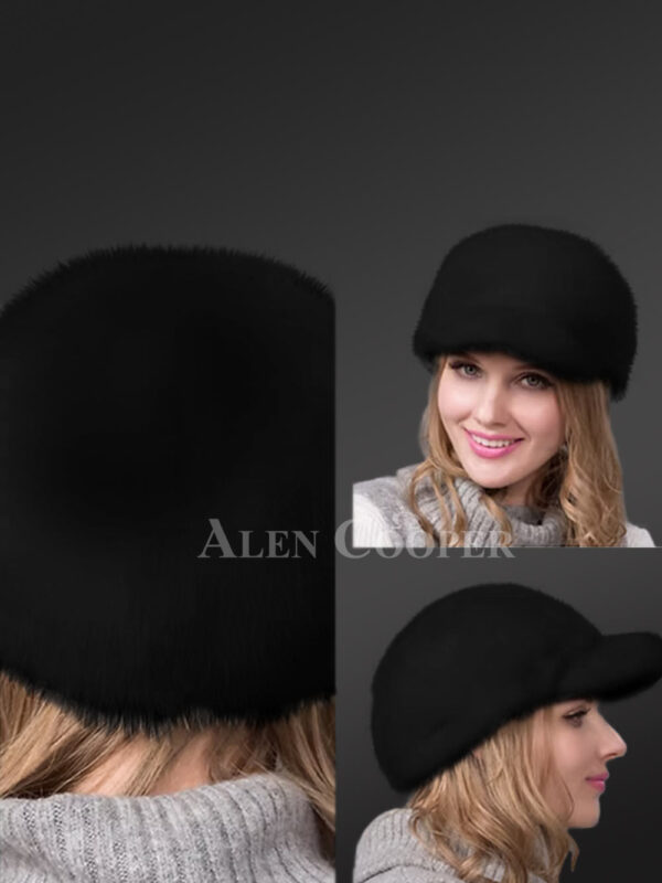 womens full skin mink riding hat in Black