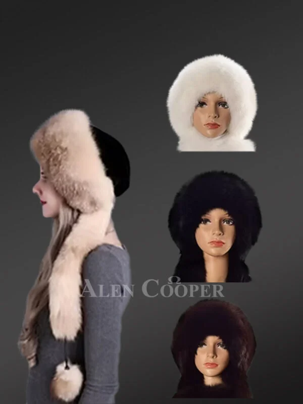 Hooded Style Fox Fur Hat with Pom Pom - Image 2