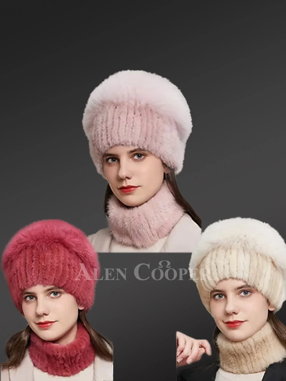 Knit Mink Beanie Hat with Fox Pom Pom