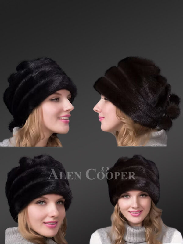 Layered Mink Fur Beret Hat with Pompom