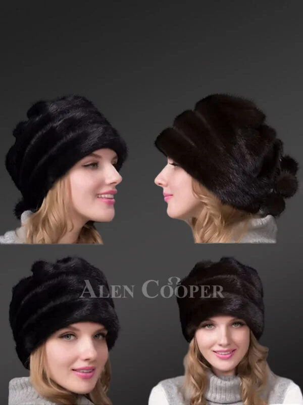 Layered Mink Beret Hat with Pom Pom