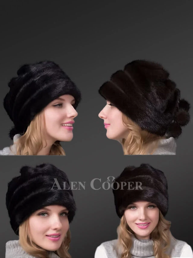Layered Mink Fur Beret Hat with Pompom