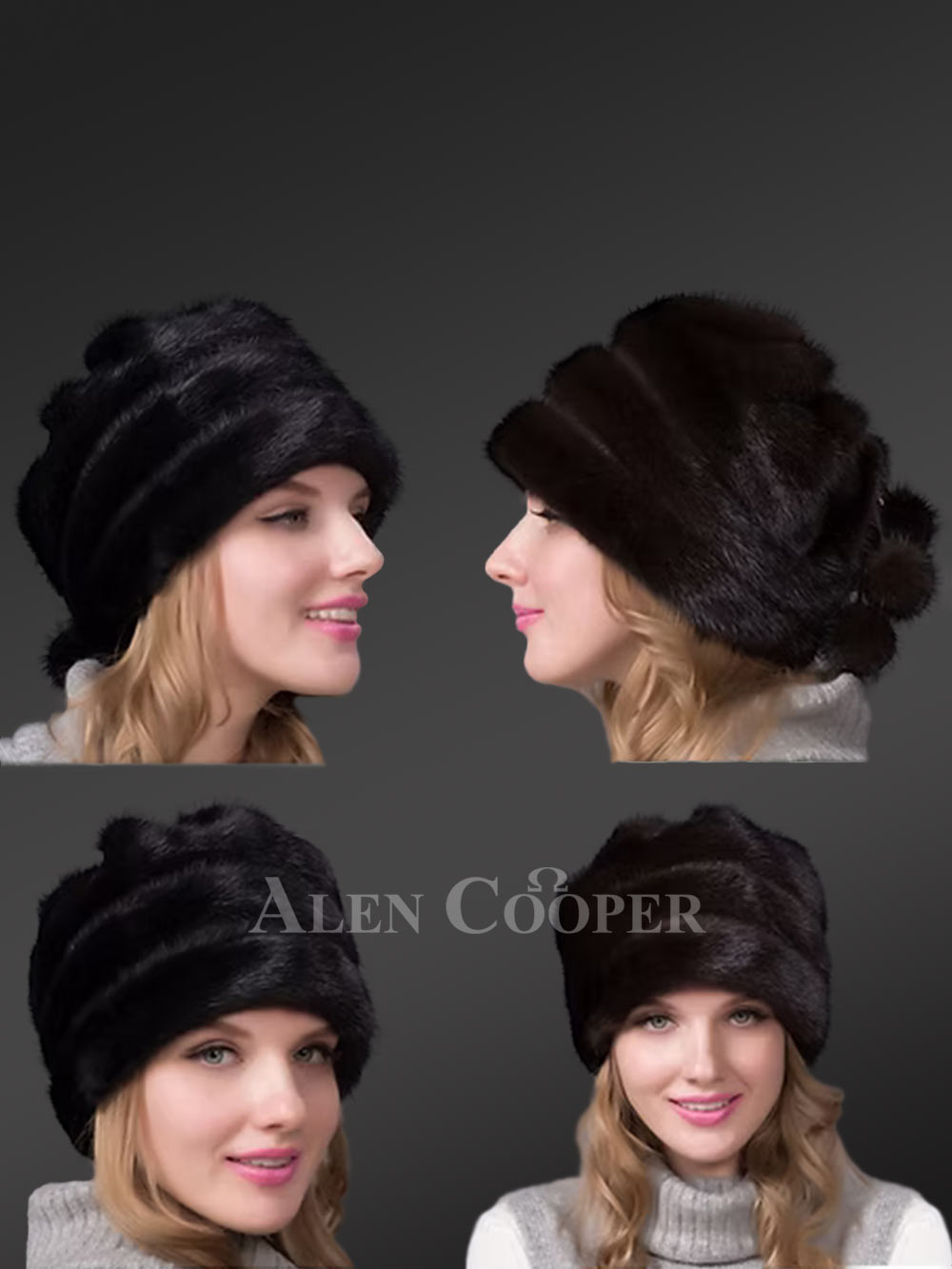Layered Mink Beret Hat with Pom Pom
