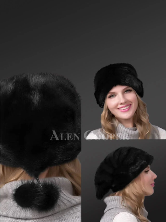 Womens Mink Fur Beret with Pompoms–Elegant & Playful with Soft Touch
