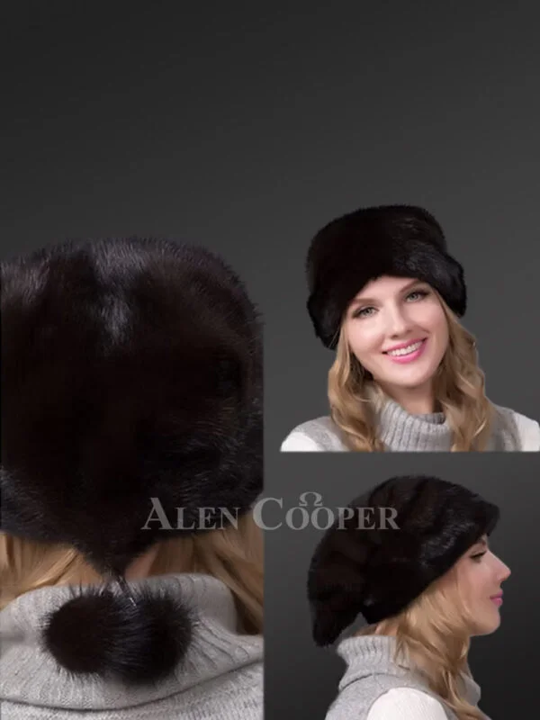 Mahogany Mink Beret Hat with 2 Pom Poms - Image 2