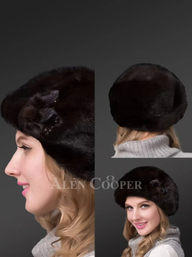 Mahogany Mink Beret Hat with Side Decoration