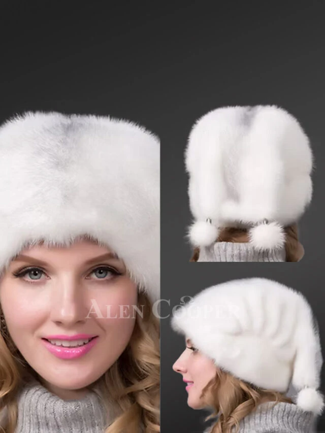 White Beanie Hat with Pompoms at the Back and Lovely Side Pleats