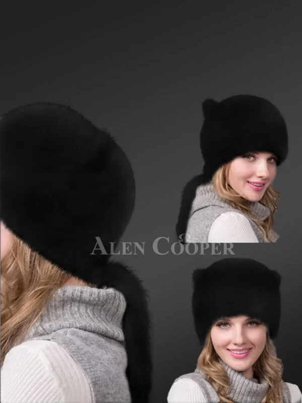 Mink Beanie Hat with Tail - Image 2