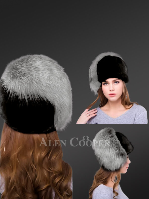 Mink Beret Hat with Silver Fox Tail