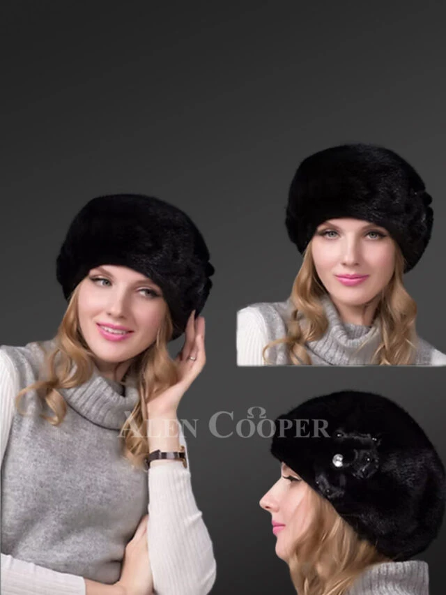 womens black mink beret with floral accent