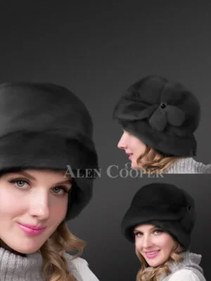 Natural Grey Mink Bucket Hat with decorated Flower
