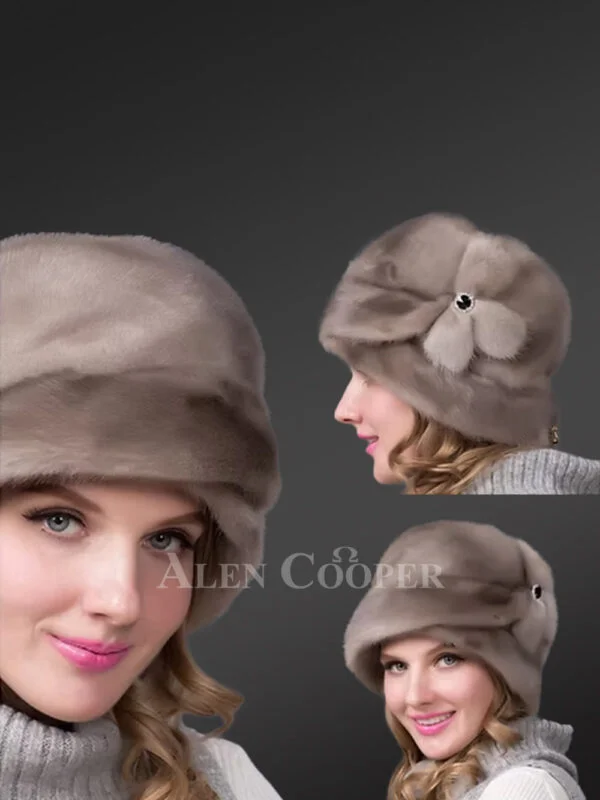 Natural Grey Mink Bucket Hat with decorated Flower - Image 2