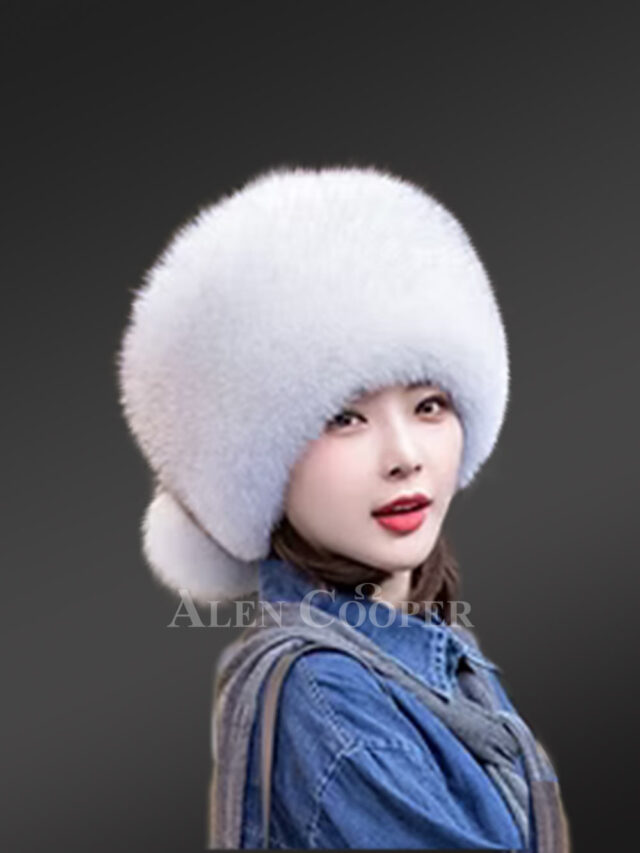 Russian Style Fox Fur Beret Hat with Back Pom Poms