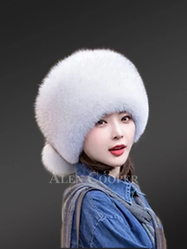 Russian Style Fox Fur Beret Hat with Back Pom Poms