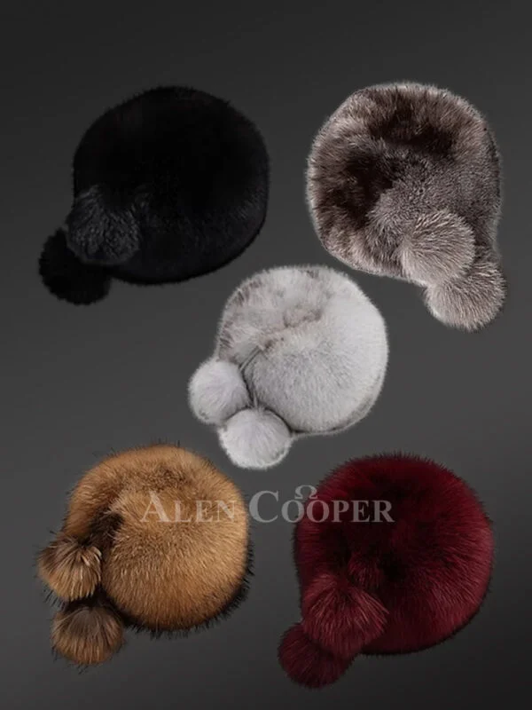 Russian Style Fox Fur Beret Hat with Back Pom Poms - Image 2