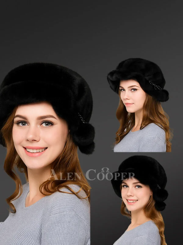 Mink Bucket Hat with Pompom and Modish Wavy Brim - Image 2