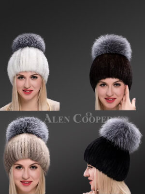 Tail Mink Beanie Hat with Big Size Silver Fox Pom Pom