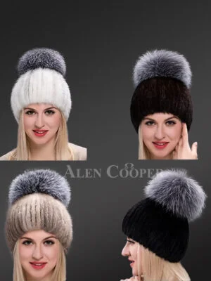 Tail Mink Beanie Hat with Big Size Silver Fox Pom Pom