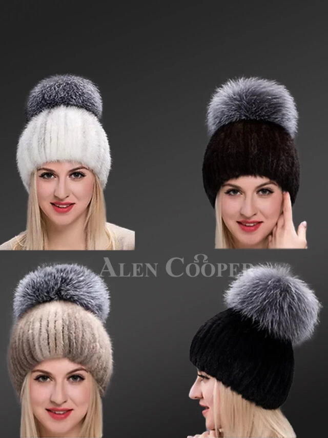 Tail Mink Beanie Hat for Women with Oversized Silver Fox Fur Pompom