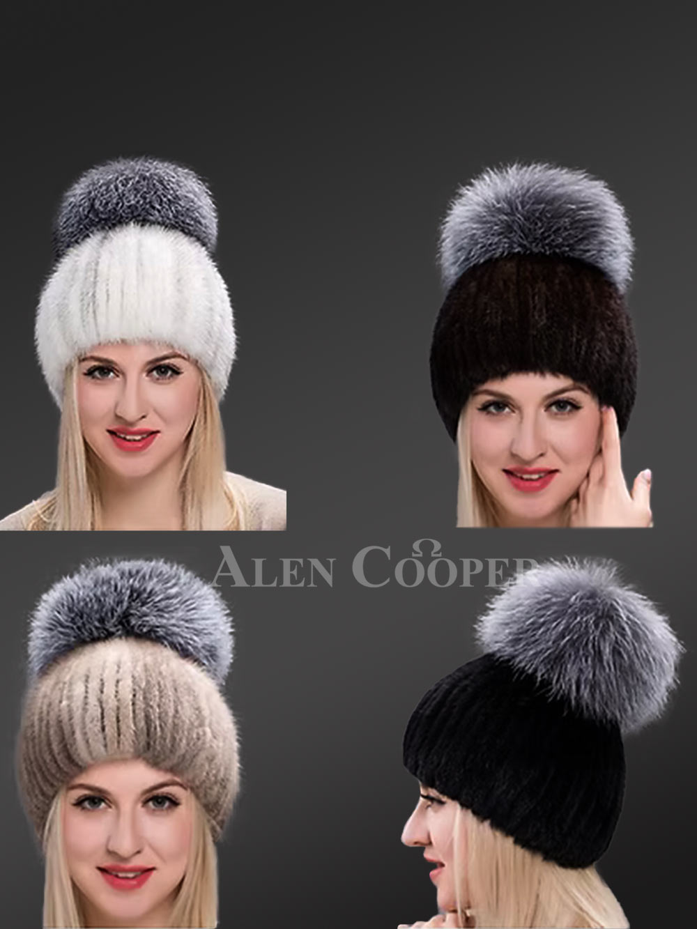 Tail Mink Beanie Hat with Big Size Silver Fox Pom Pom