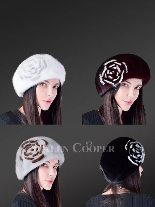 Women's Mink Beret Hat with Flower Accent - Image 2